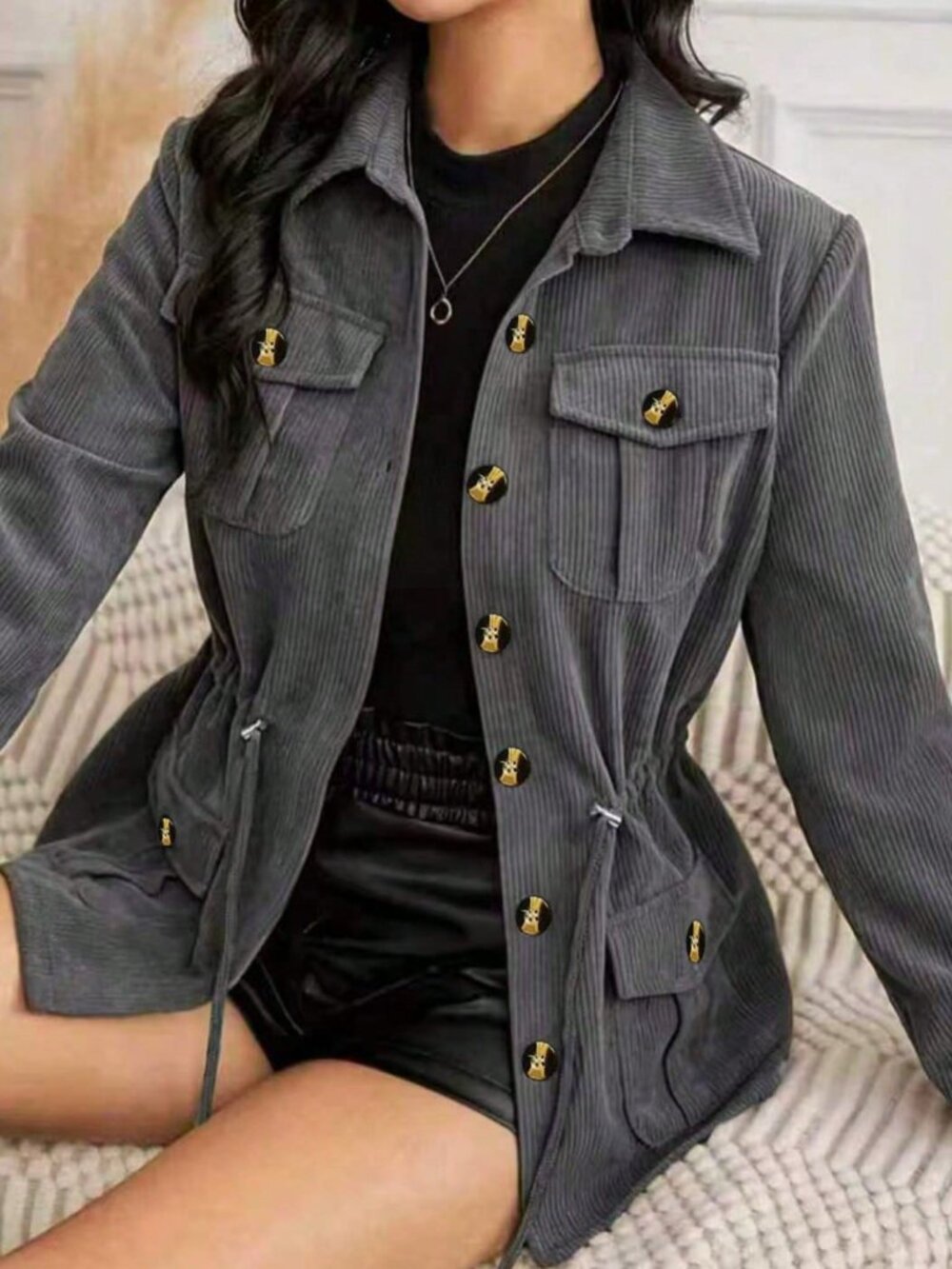 Grey Casual Women's Corduroy Shacket with Drawstring Waist and Button-Up Collar